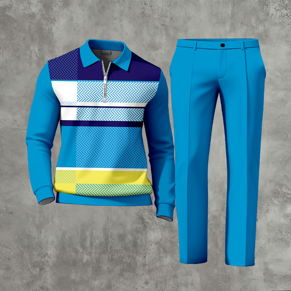 Men's Casual Blue Multi Color Matching Geometric Printed Zipper Long Sleeved Polo Shirt & Trousers Two-Piece Set