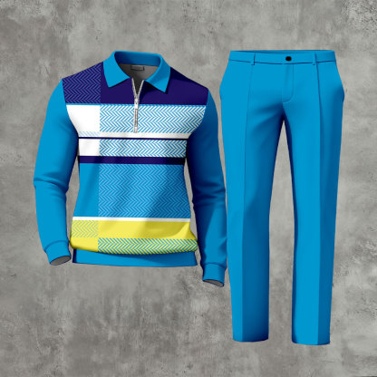 Men's Casual Blue Multi Color Matching Geometric Printed Zipper Long Sleeved Polo Shirt & Trousers Two-Piece Set