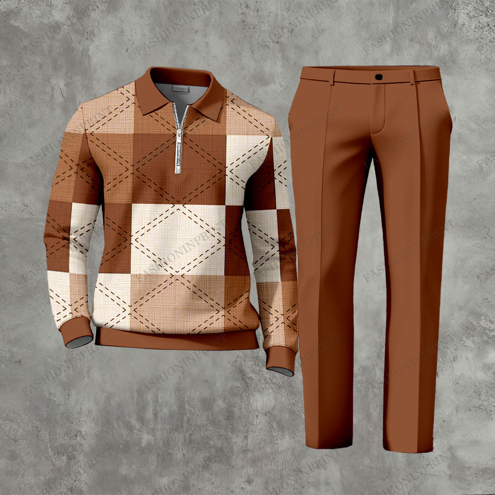 Men's Casual Color Matching Printed Polo-Collar Zipper Long Sleeved Trousers Two-Piece Set 1103