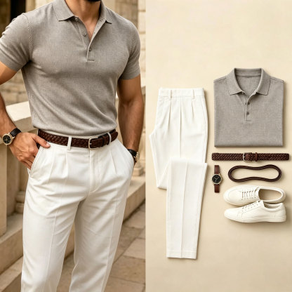 Men's Casual Color Matching Short Sleeves Polo Shirt & Pants Two Piece Set