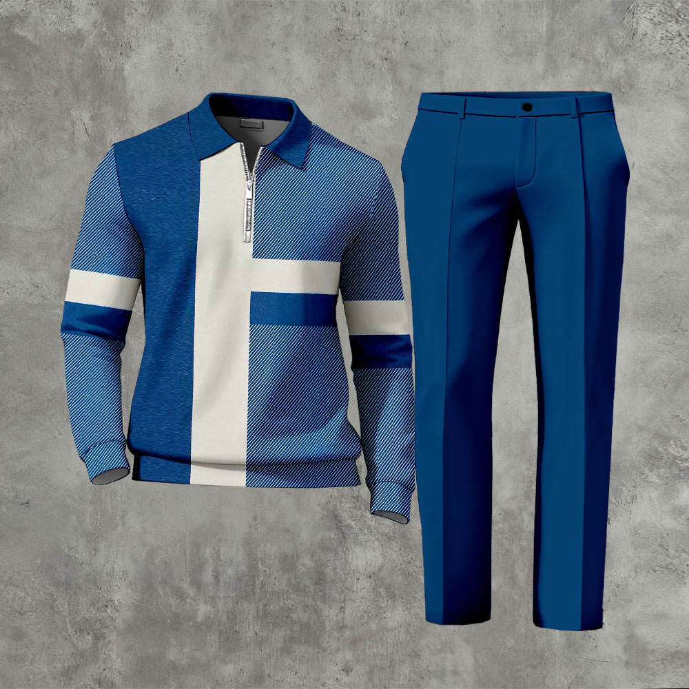 Men's Casual Blue & Beige Color Matching Geoemric Printed Zipper Long Sleeved Polo Shirt & Trousers Two-Piece Set
