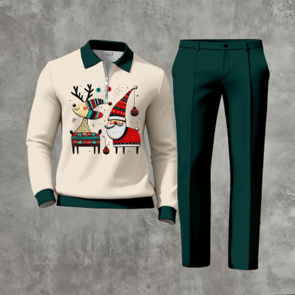 Men's Casual Dark Green & Beige Color Matching Christmas Printed Zipper Long Sleeved Polo Shirt & Trousers Two-Piece Set
