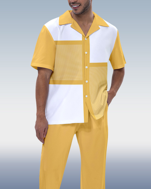 Men's Colorblock Print Short Sleeve Shirt Walking Set