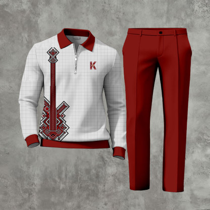 Men's Casual Red & Gray Color Matching Guitar Printed Zipper Long Sleeved Polo Shirt & Trousers Two-Piece Set