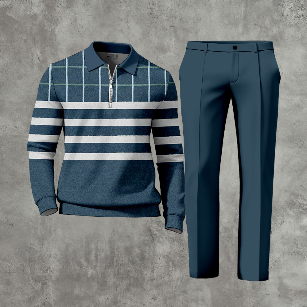 Men's Casual Dark Blue & Gray Color Matching Geometric Printed Polo-Co