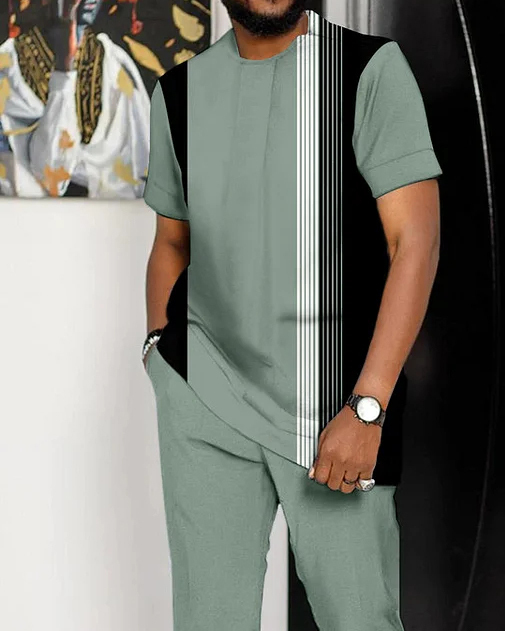 Suitmens Men's Vertical Stripe Print Short Sleeve Suit 152