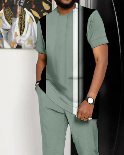 Men's Vertical Stripe Print Short Sleeve Suit