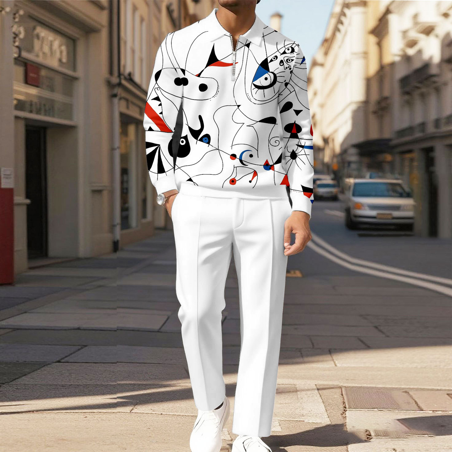 Men's Casual Color Matching Printed Polo-Collar Zipper Long Sleeved Tr