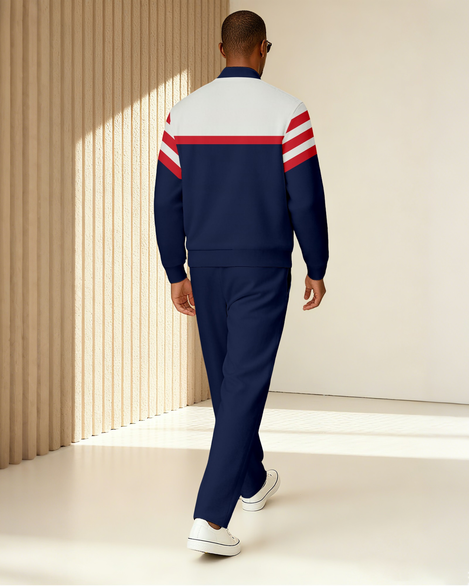 Men's Minimalist Navy Blue & Beige Color-Block Jacket Sports Jogging Set 26