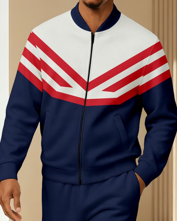 Men's Minimalist Navy Blue & Beige Color-Block Jacket Sports Jogging Set 26