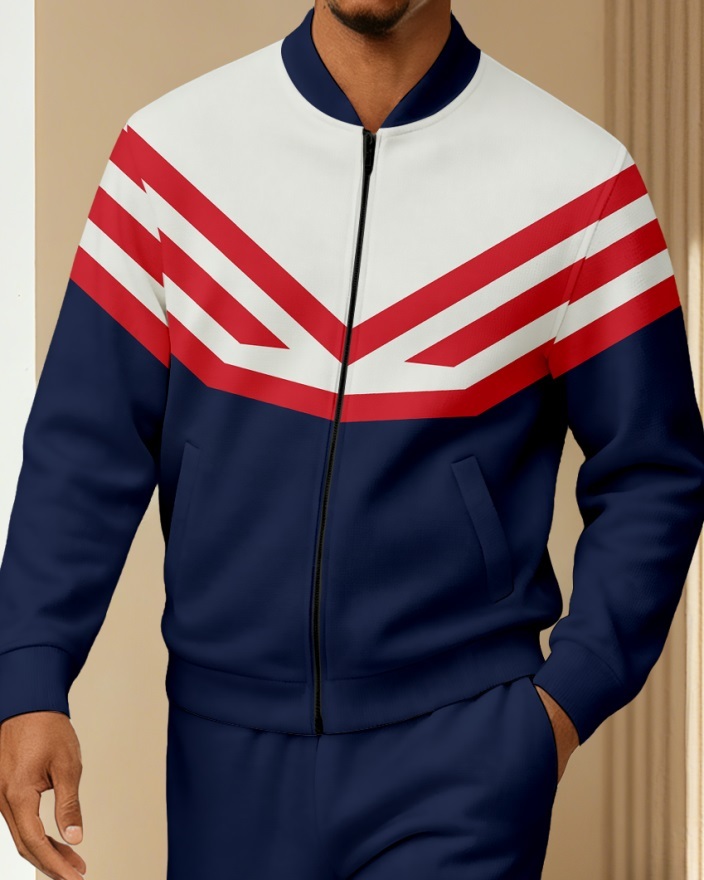 Men's Minimalist Navy Blue & Beige Color-Block Jacket Sports Jogging Set 26