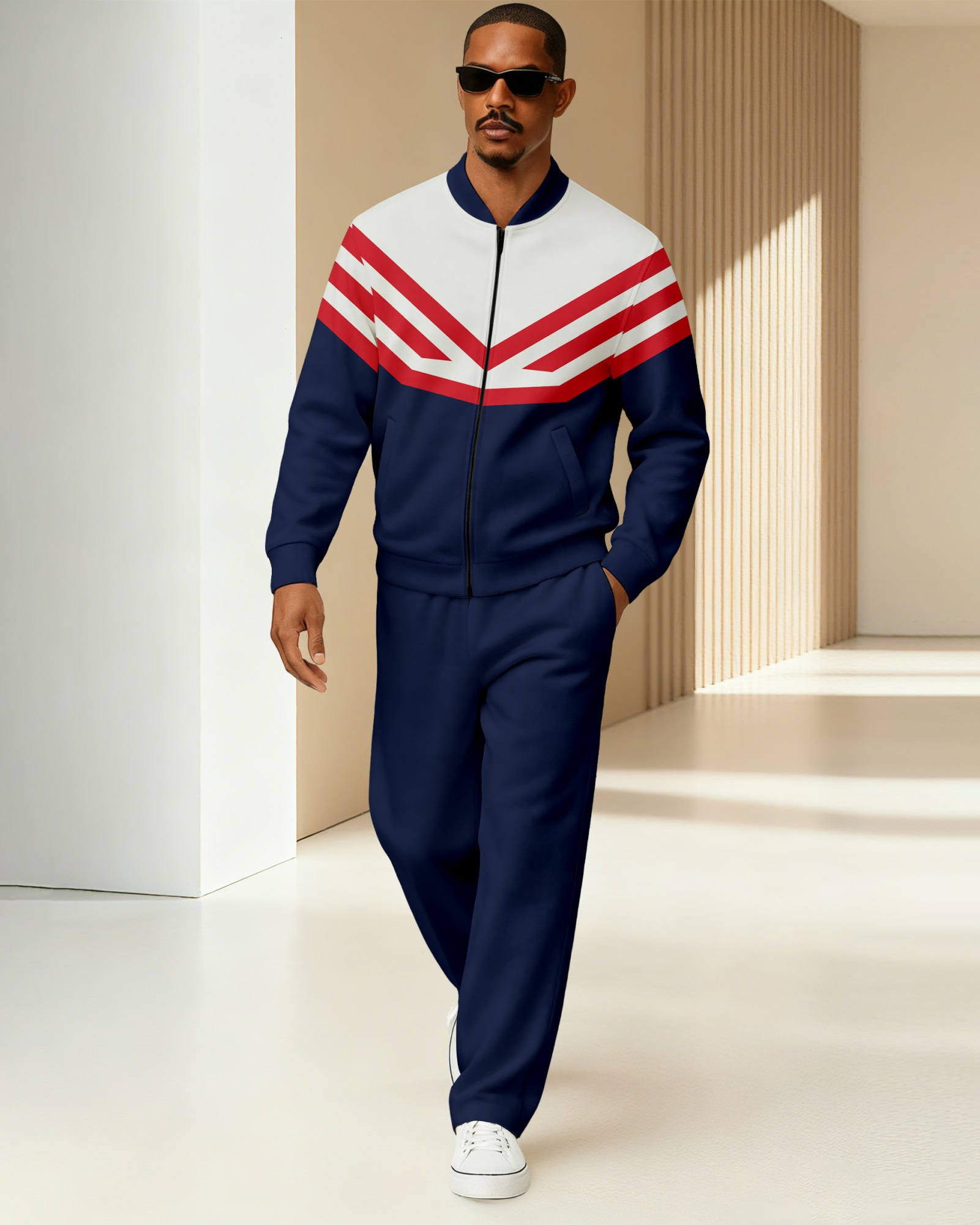 Men's Minimalist Navy Blue & Beige Color-Block Jacket Sports Jogging Set 26
