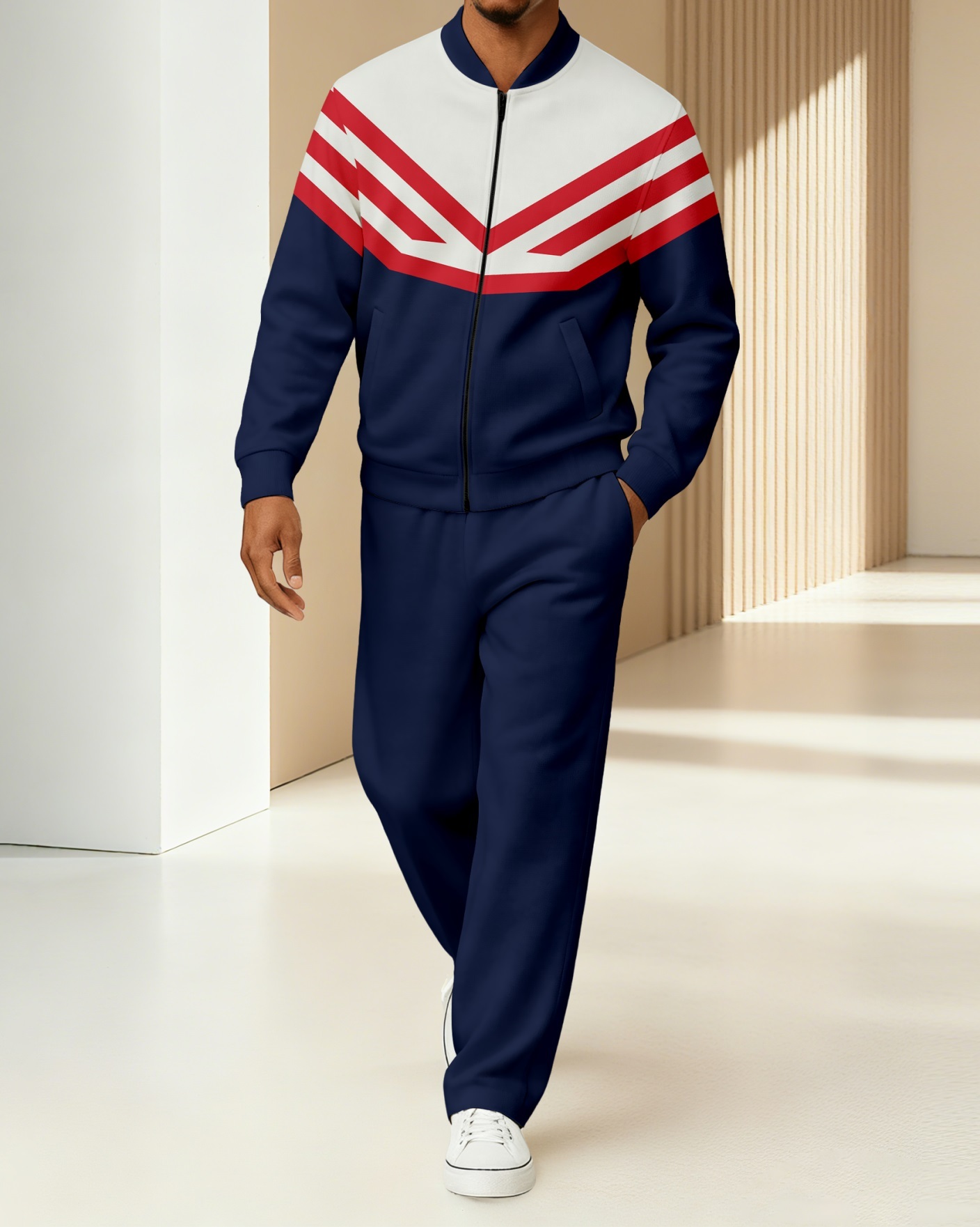 Men's Minimalist Navy Blue & Beige Color-Block Jacket Sports Jogging Set 26