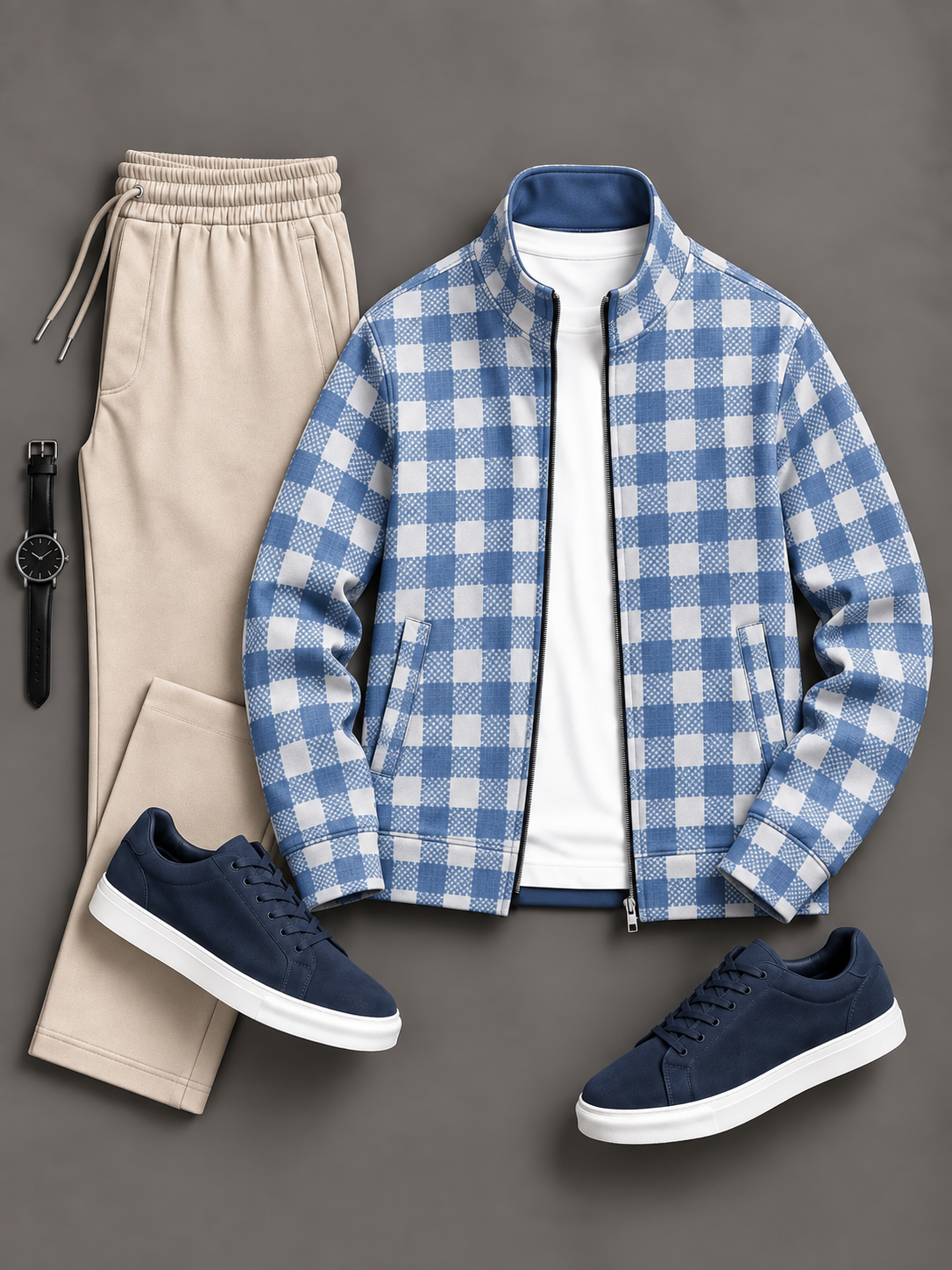 Men's Gingham Checkered Zip Up Stand Collar Jacket & Drawstring Pants Two Piece Set, Multiple Colors Available