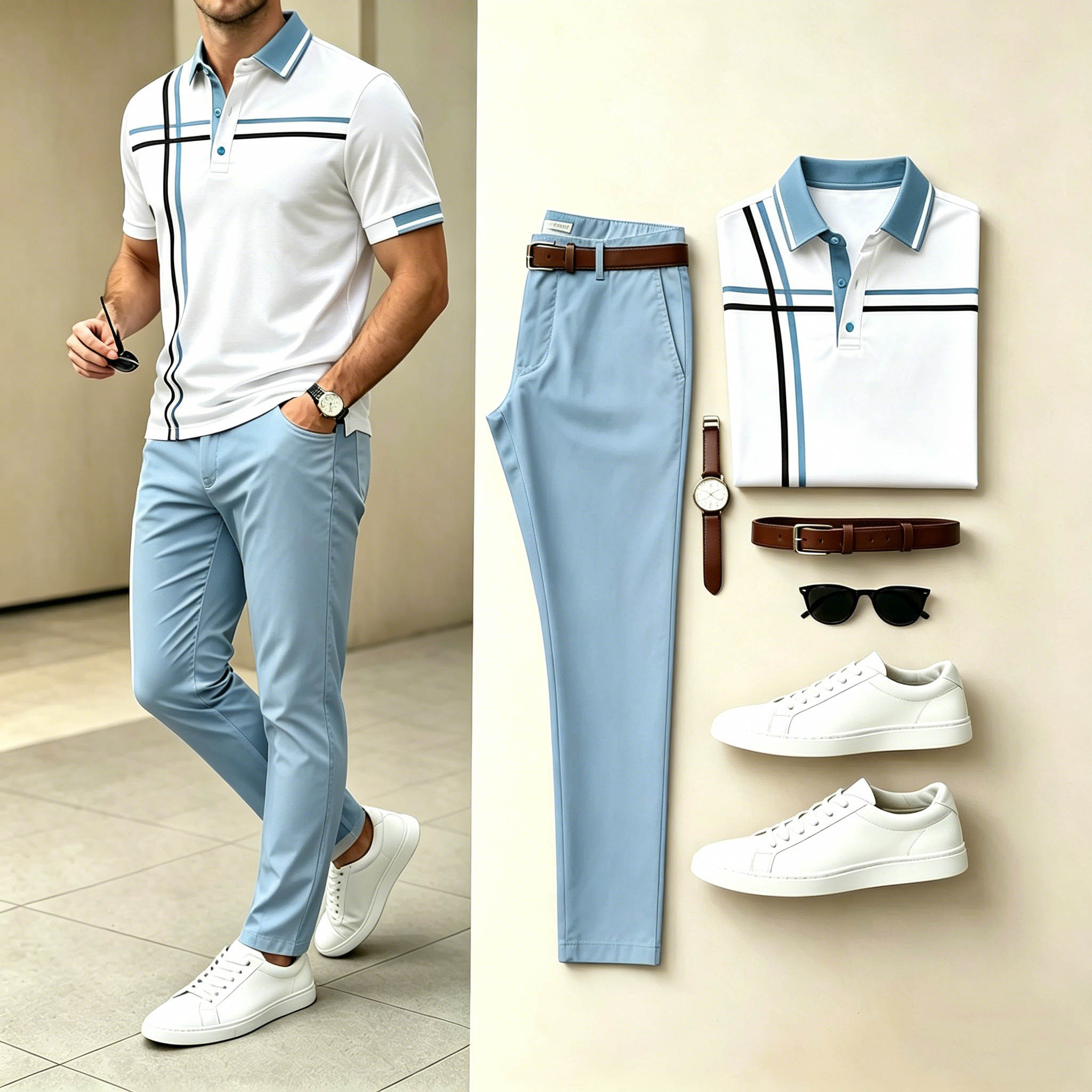 Men's Casual White Blue Line Printed Polo Shirt & Light Blue Pants Two-Piece Set