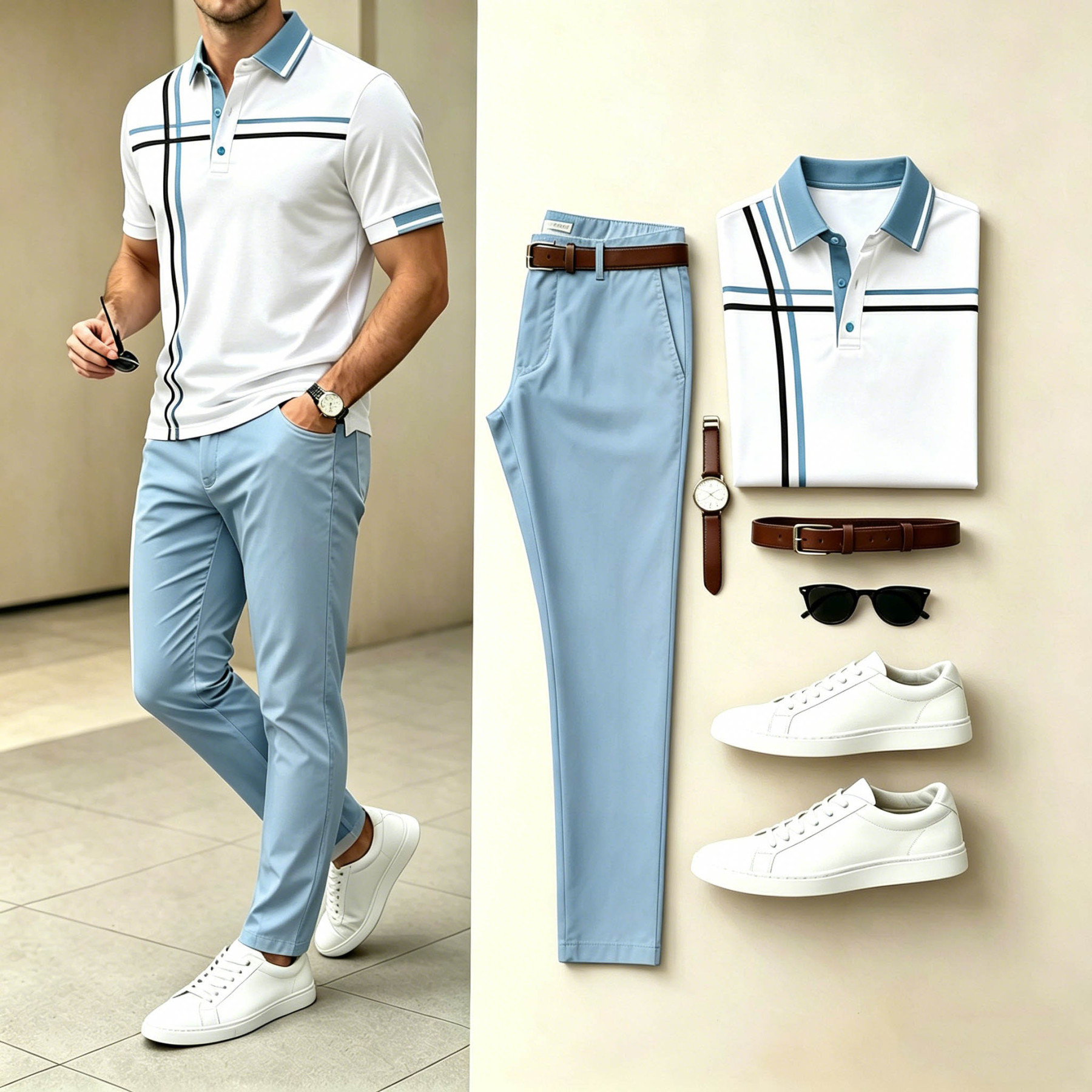 Men's Black Color Polo Lapel Collar Shirt & Pants Two-Piece Set