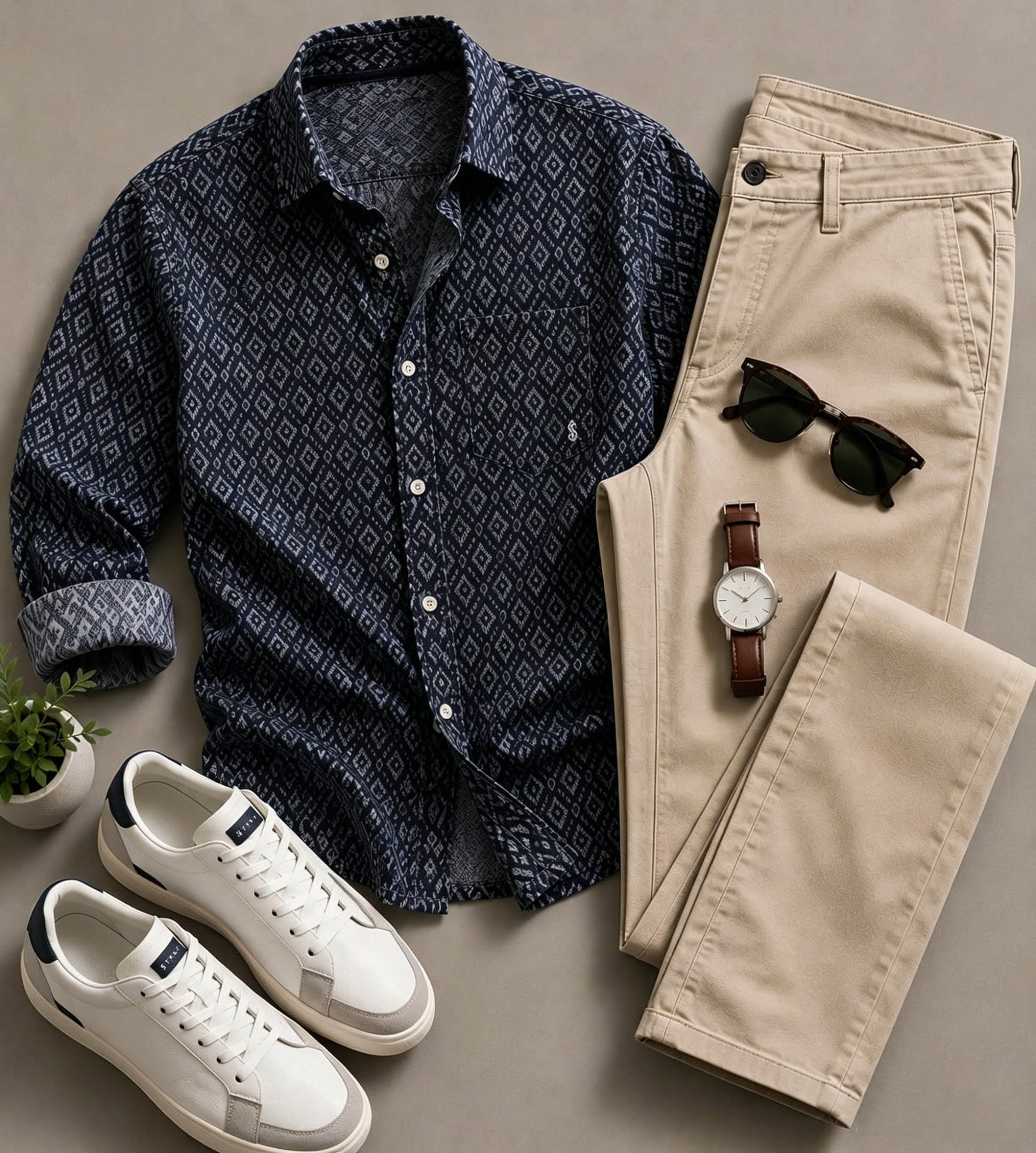 Men's Casual Navy Diamond Pattern Printed Long Sleeved Shirt & Trousers Two-Piece Set