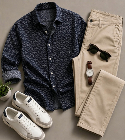 Men's Casual Navy Diamond Pattern Printed Long Sleeved Shirt & Trousers Two-Piece Set