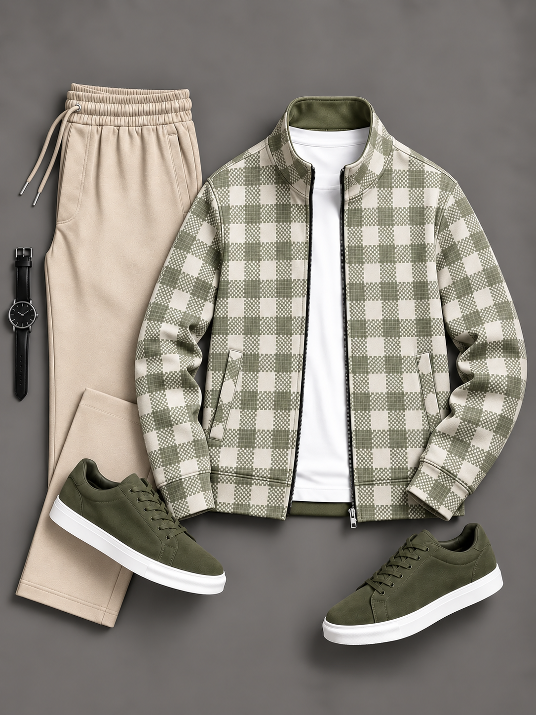 Men's Gingham Checkered Zip Up Stand Collar Jacket & Drawstring Pants Two Piece Set, Multiple Colors Available