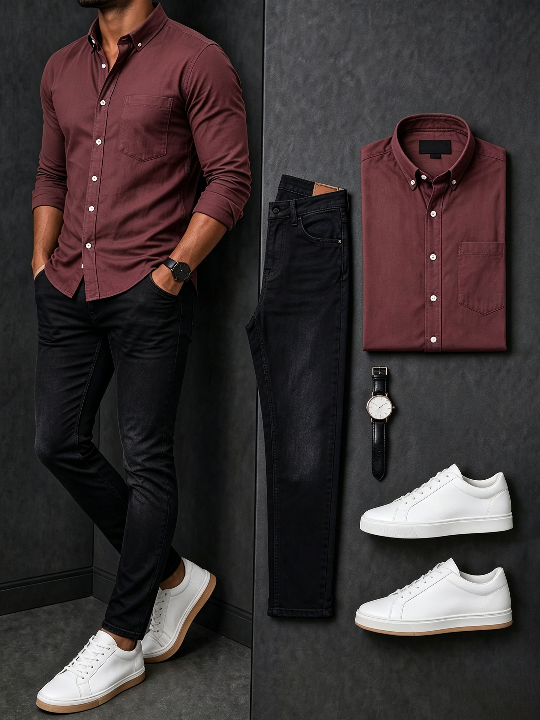 Men's Casual Red Printed Long Sleeves Shirt & Black Pants Two Piece Set