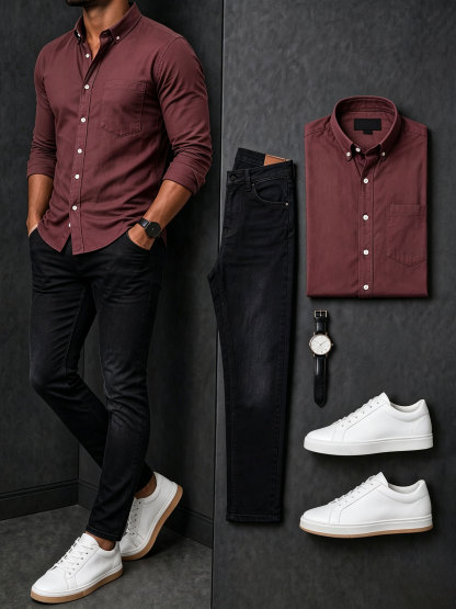 Men's Casual Red Printed Long Sleeves Shirt & Black Pants Two Piece Set