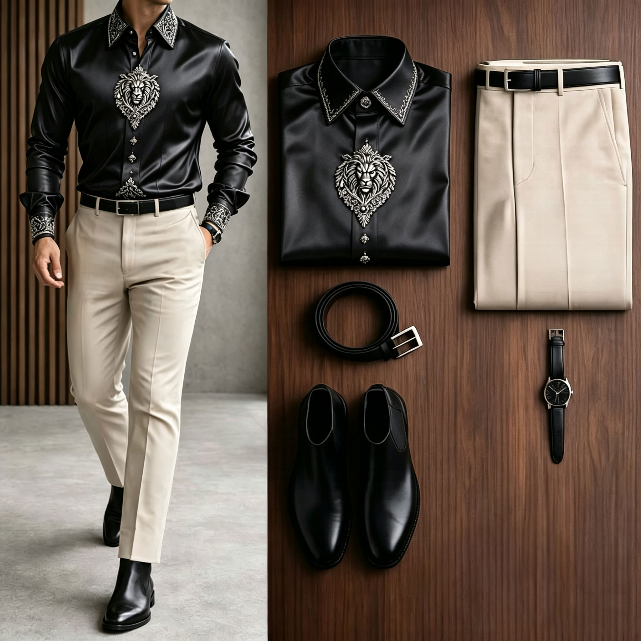 Men's Casual Black Long Sleeve Baroque Shirt & Khaki Chino Pants Two-Piece Set