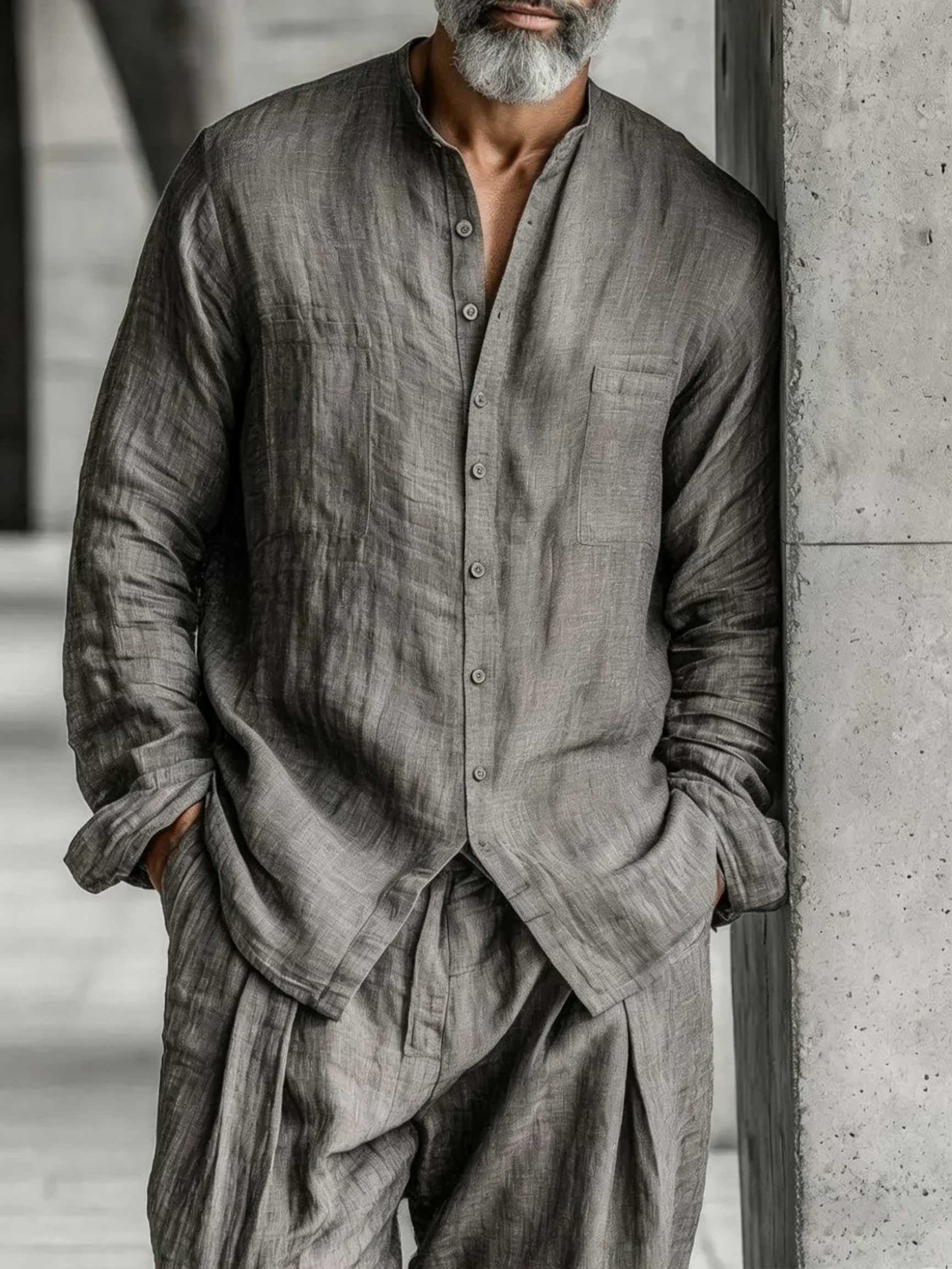 Men's Cotton Linen Long Sleeved Trousers And Shirt Set