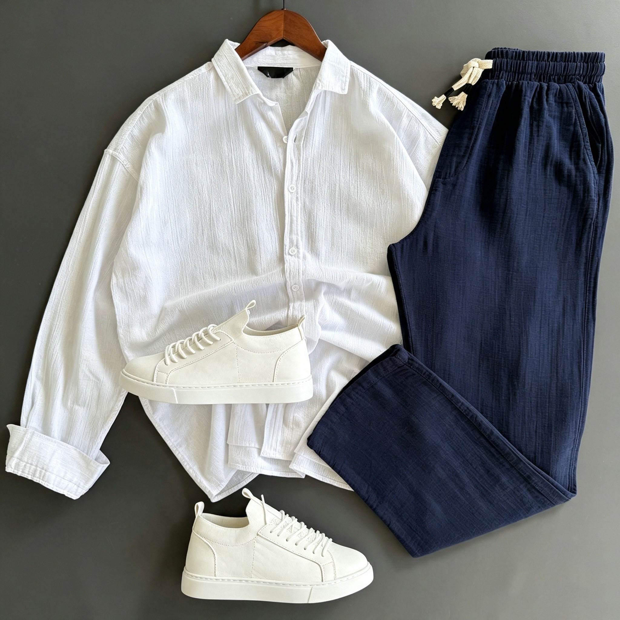 Men's Casual Trendy Long Sleeved Collared Shirt & Relaxed Trousers Two‑Piece Set