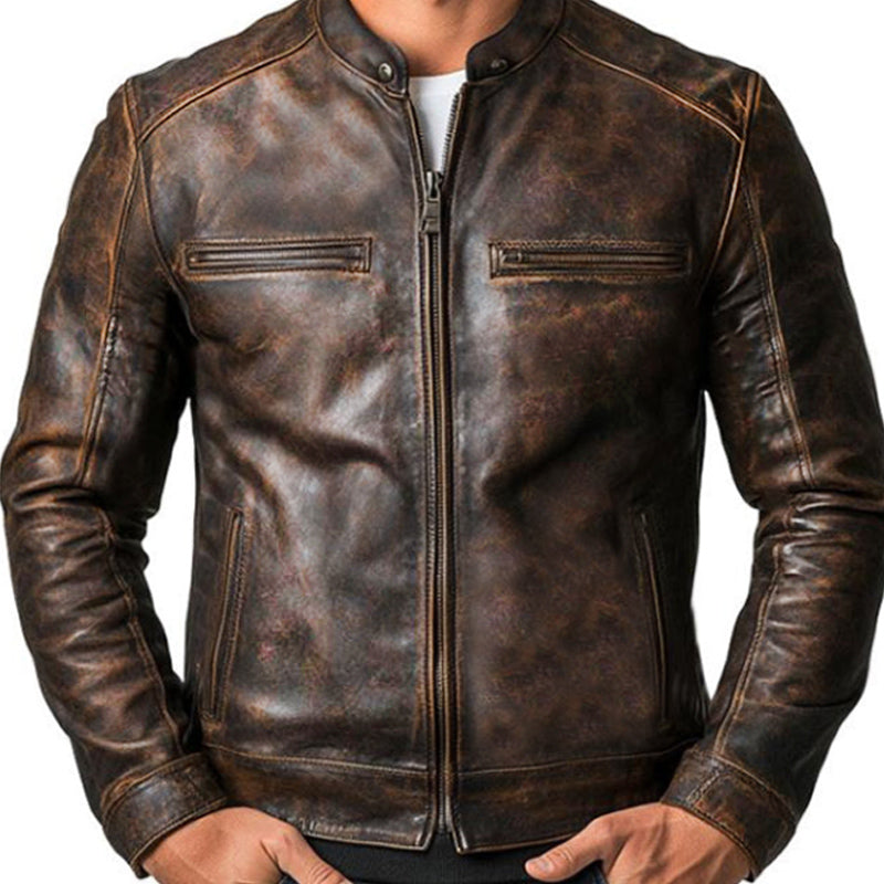 Men's Vintage Distressed Zipper PU Leather Jacket