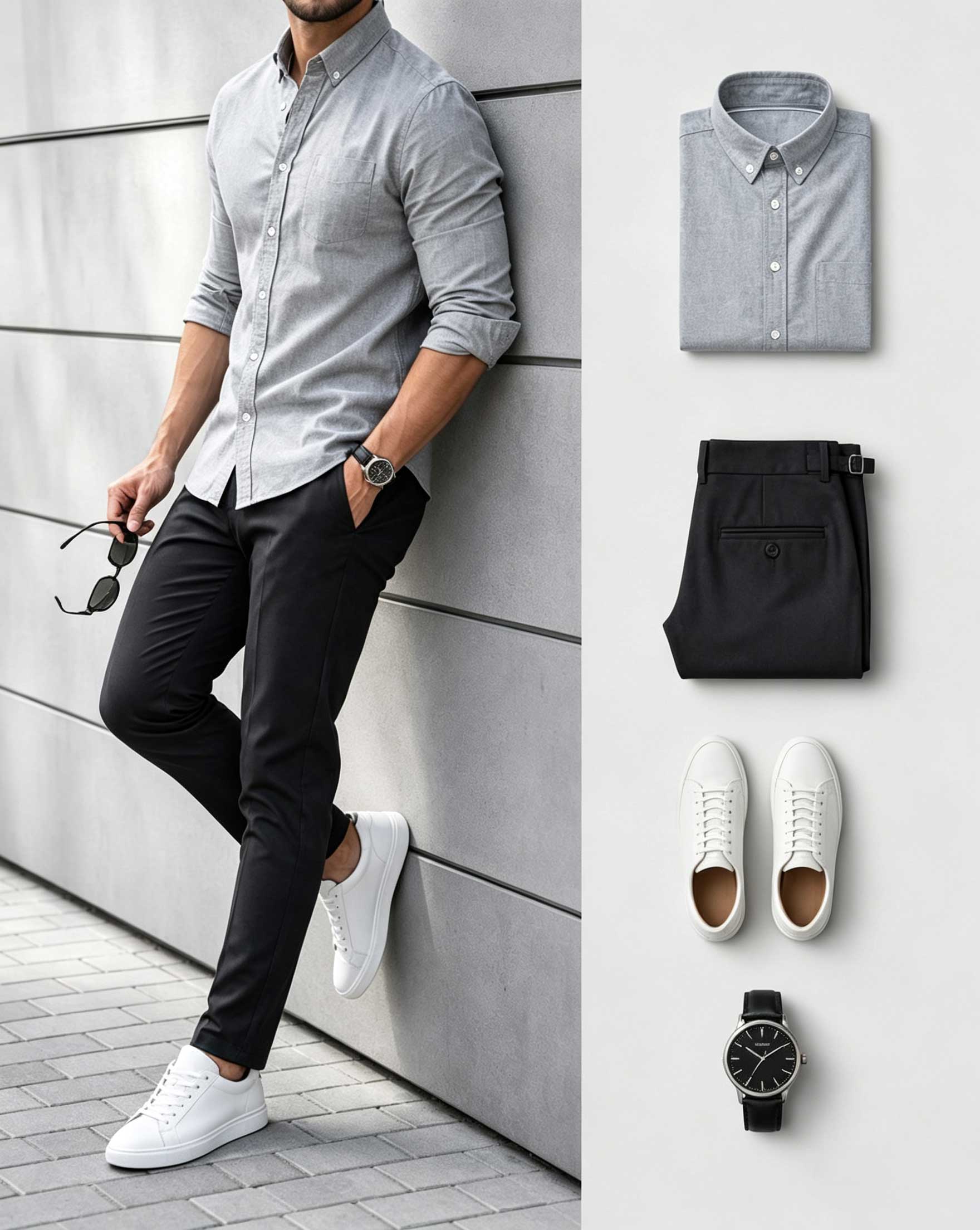 Men's Casual Khaki Plaid Printed Long Sleeve Shirt & Black Chino Pants Two-Piece Set