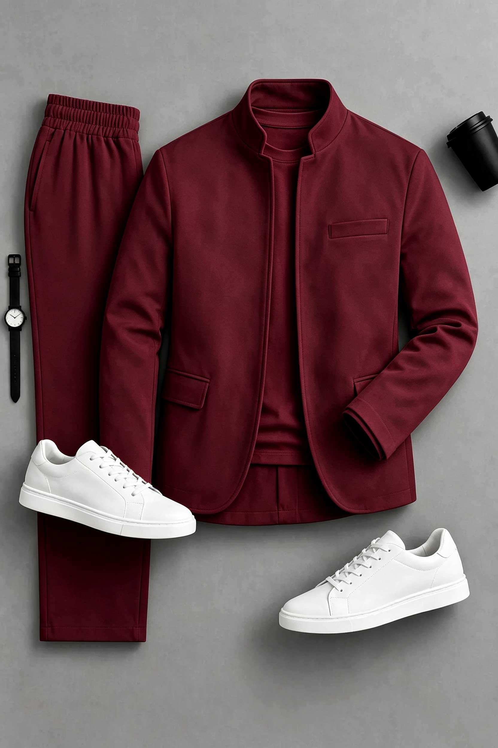 Men's Causal Velvet Jacket & Pants Two-Piece Sets-White