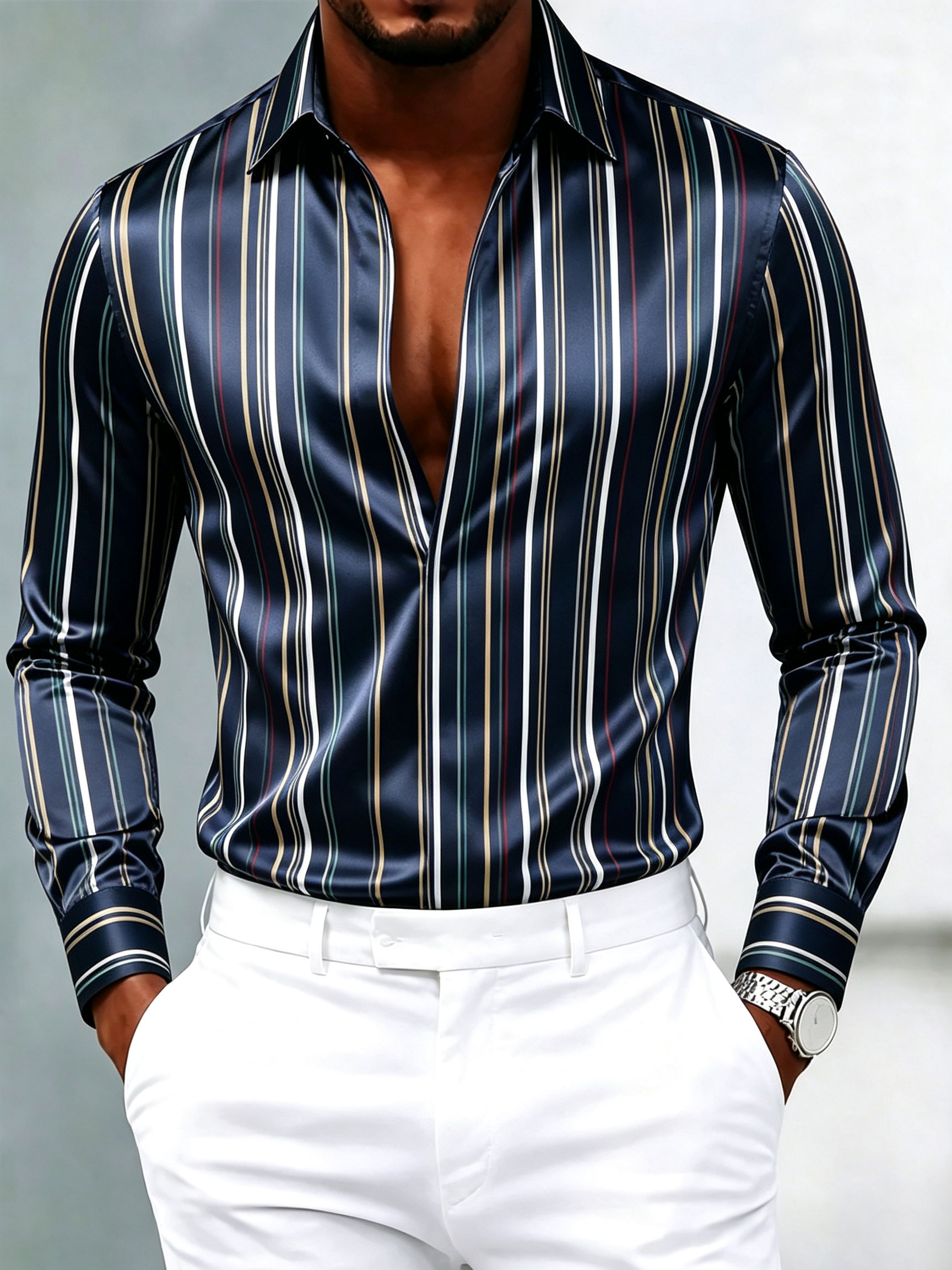 Men's Luxury Glossy Satin Long Sleeve Dress Shirt