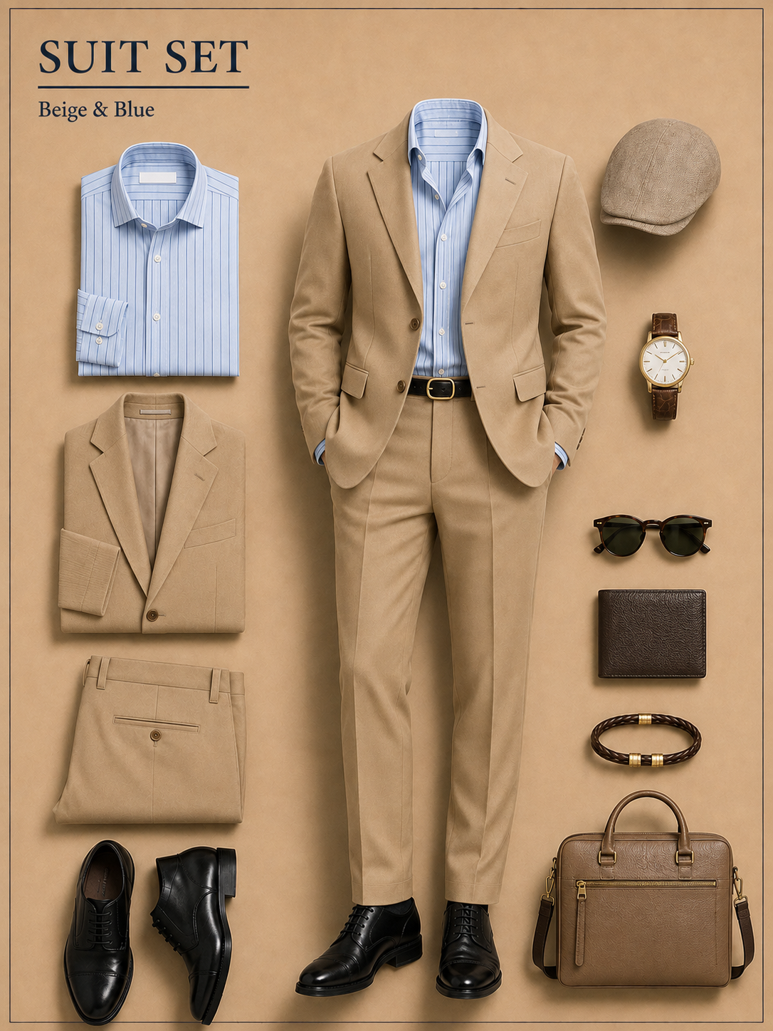 Men's Single‑Breasted Beige Suit Blazer, Waistcoat & Dress Pants 3‑Piece Matching Outfit Set
