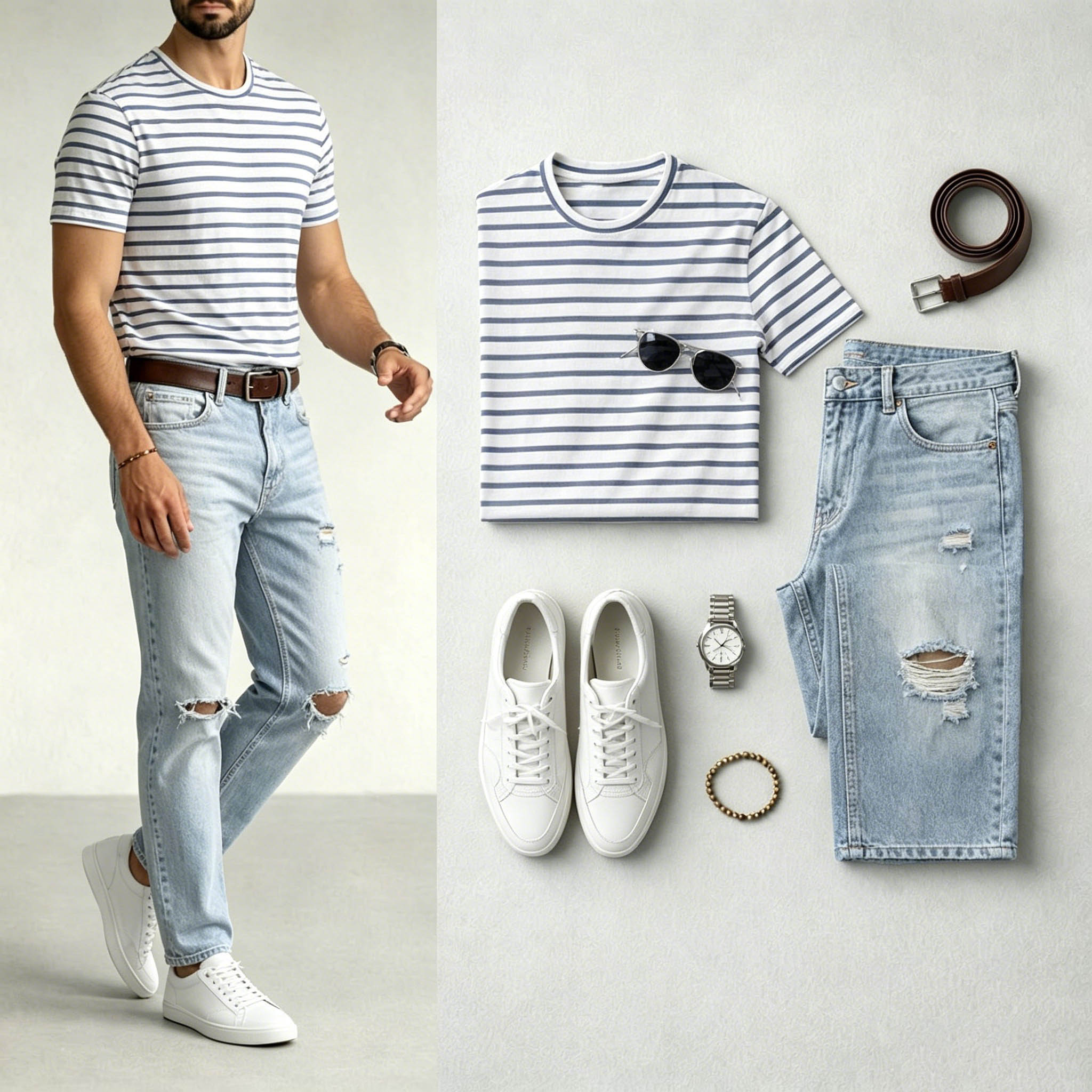 Men's Blue Color Matching Retro Style Striped Printed Short Sleeves T-Shirt & Jeans Two-Piece Set