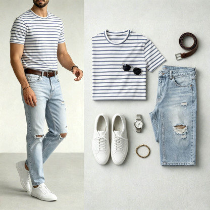 Men's Blue Color Matching Retro Style Striped Printed Short Sleeves T-Shirt & Jeans Two-Piece Set