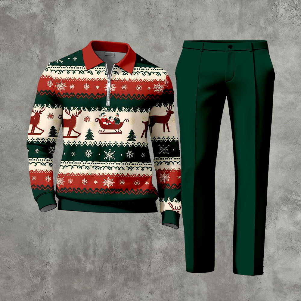 Men's Casual Red & Green Color Matching Christmas Printed Zipper Long 