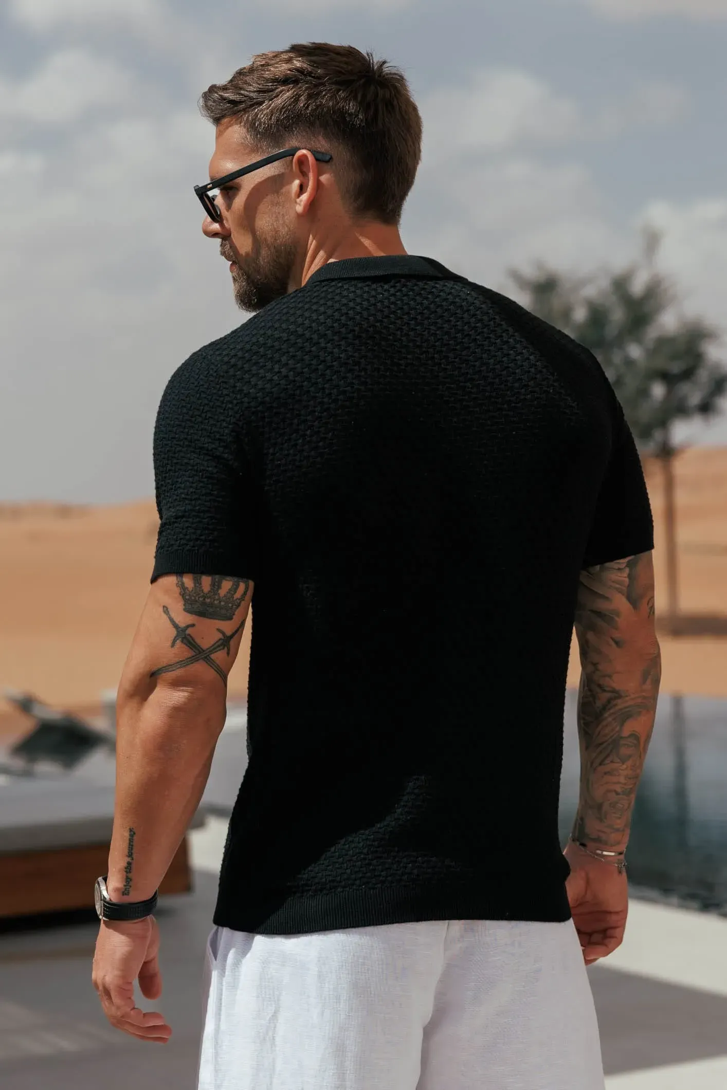 Men's lightweight cotton and linen casual black polo shirt
