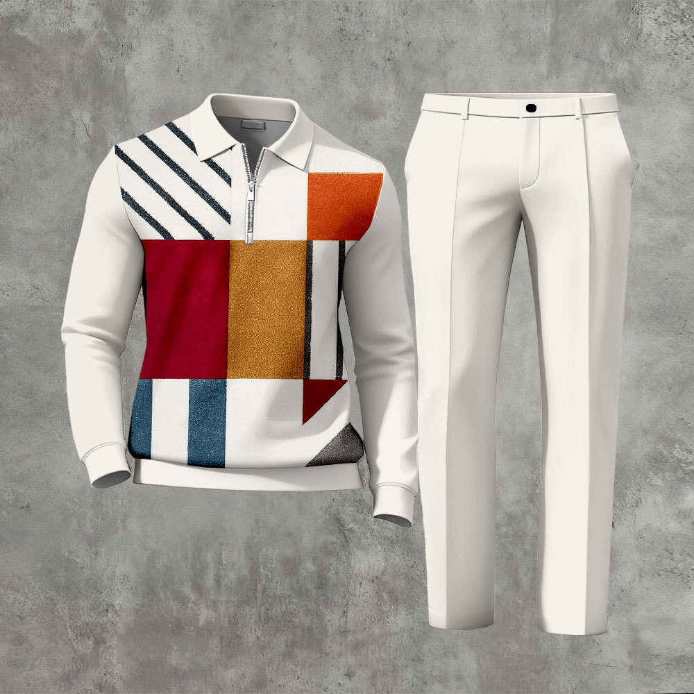 Men's Casual Beige & Multi Red Color Matching Geoemtric Printed Zipper