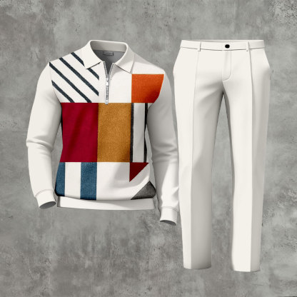 Men's Casual Beige & Multi Red Color Matching Geoemtric Printed Zipper Long Sleeved Polo Shirt & Trousers Two-Piece Set
