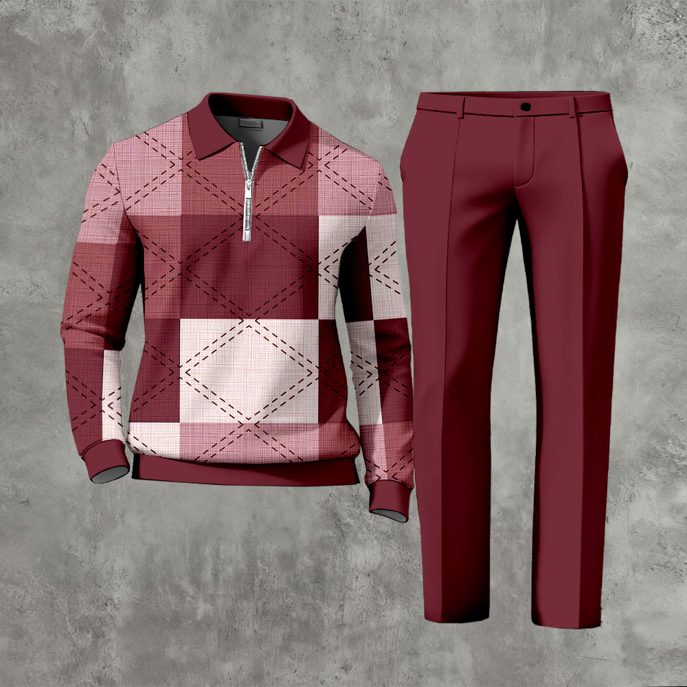 Men's Casual Maroon Color Matching Geoemtric Printed Polo-Collar Zipper Long Sleeved Trousers Two-Piece Set
