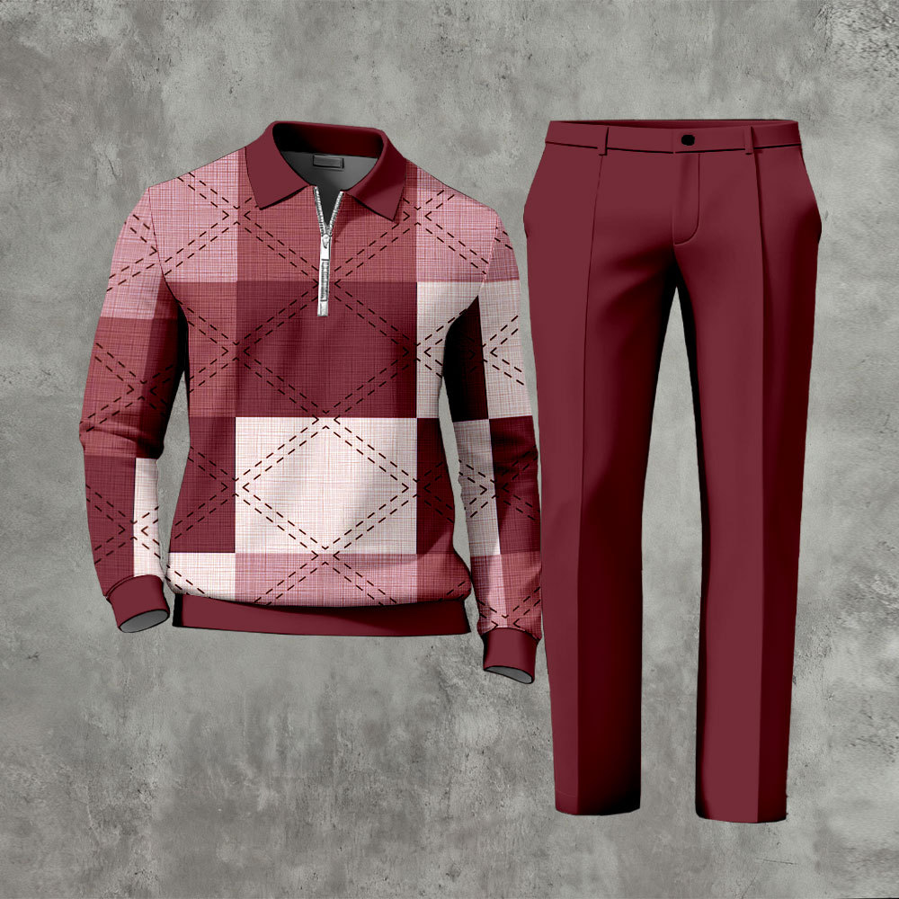 Men's Casual Maroon Color Matching Geoemtric Printed Polo-Collar Zippe