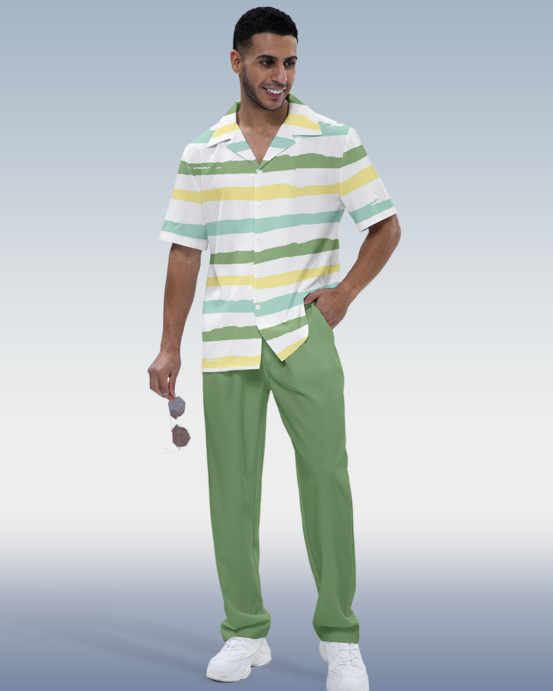 Men's Striped Print Short Sleeve Shirt Walking Set