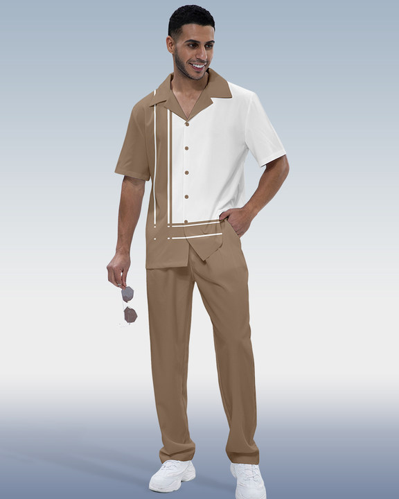 Men's Khaki Panel Print Short Sleeve Walking Suit