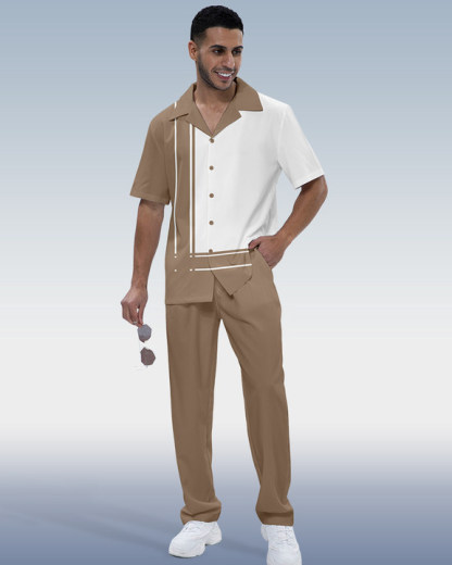 Men's Khaki Panel Print Short Sleeve Walking Suit