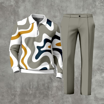 Men's Casual Gray & Multi Color Matching Printed Zipper Long Sleeved Polo Shirt & Trousers Two-Piece Set
