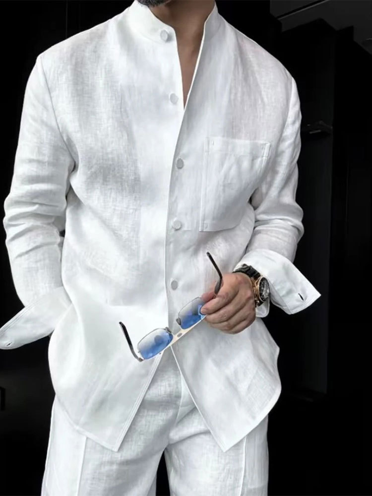 Premium Linen-Blend Mandarin Collar Suit-White