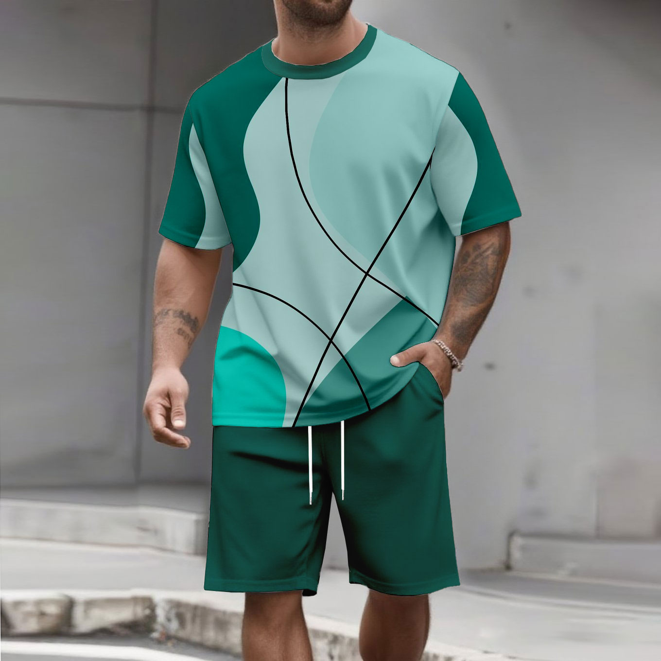 Men's Fashion Casual Color Matching Printed Short-Sleeved Two-Piece Set