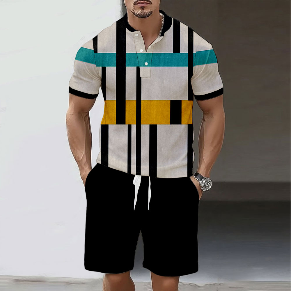 Men's Fashion Polo Round-Neck Geometric Printed Short-Sleeved Two-Piece Set