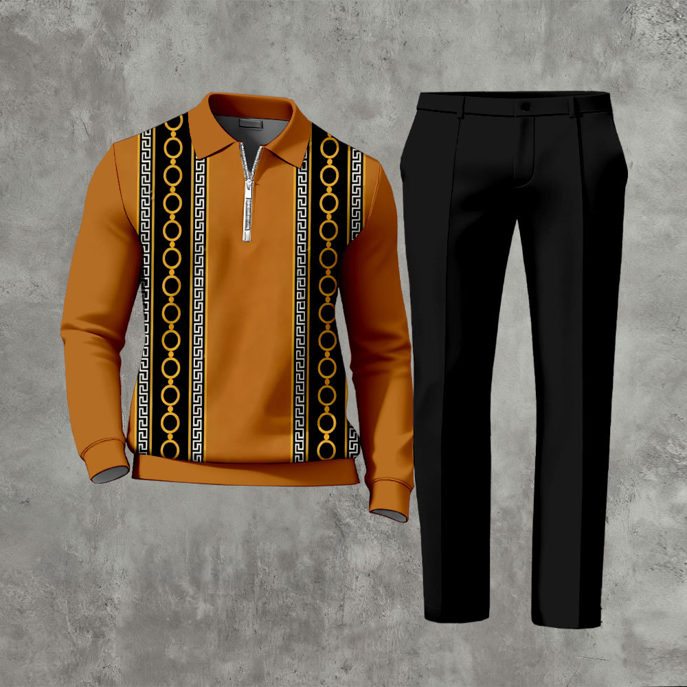 Men's Casual Orange & Black Color Matching Vintage Pattenr Polo-Collar