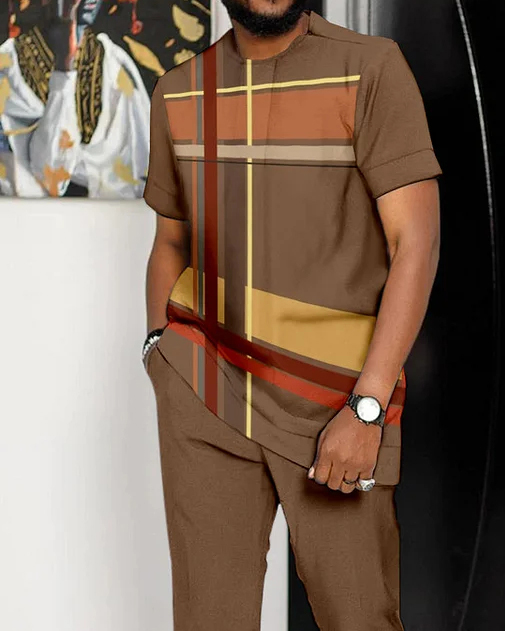 Men's Brown Plaid Short Sleeve Suit